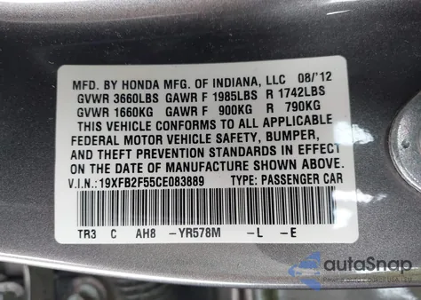 2012 Honda Civic Lx from USA, damaged, VIN 19XFB2F55CE083889